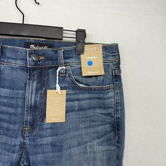 Madewell Jeans Men's 31x32 Blue Denim Skinny Leg Dark Whisker Distressed NEW - Picture 3 of 11